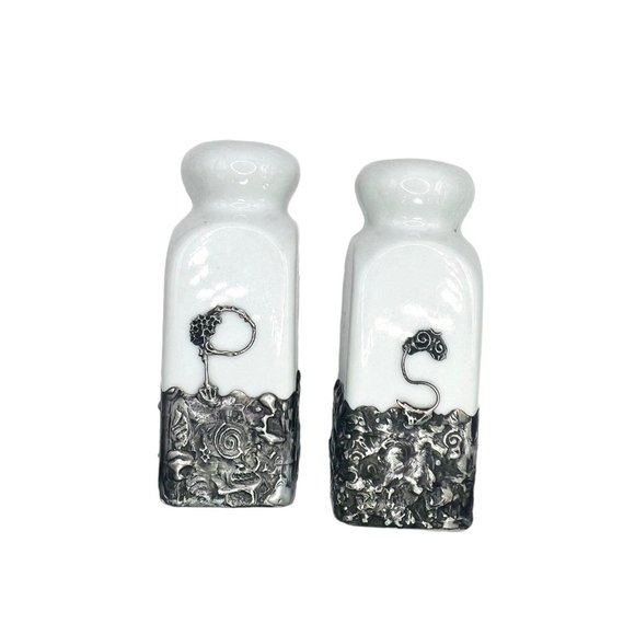 Artisan Ceramic Salt & Pepper Shakers Upcycled with Silver Blend Boho Metalwork - Picture 10 of 11